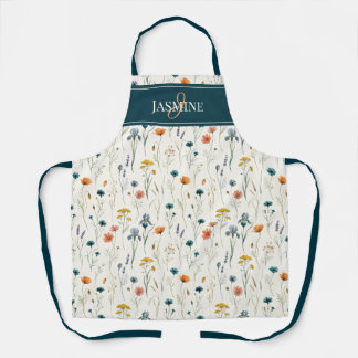 Wildflower Monogram Green Orange Name Apron