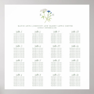 Wildflower monogram green wedding 16 table seating poster