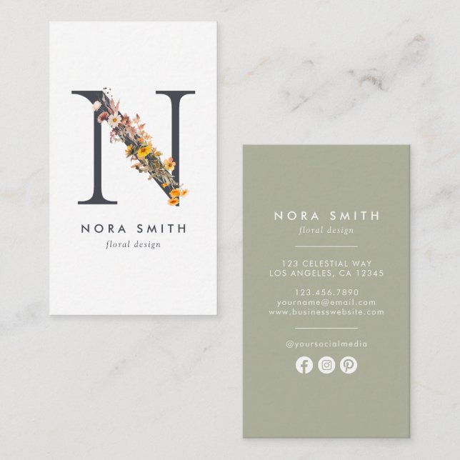 Wildflower Monogram N Business Card (Front/Back)