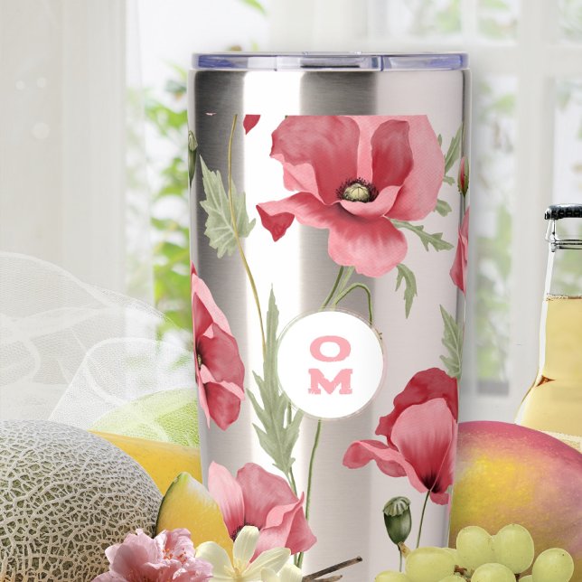 Wildflower Monogram Pink Large Poppy Romantic Insulated Tumbler (Pink Poppy Stainless Steel Monogram Insulated Tumbler ©Susanne Sachers - Sunny Mind 🌞)