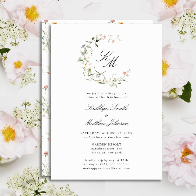 Wildflower Monogram Wreath Modern Rehearsal Lunch Invitation (Creator Uploaded)