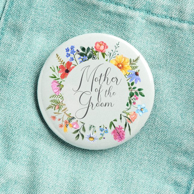 Wildflower Mother of the Groom Script Wedding  1 Inch Round Button (Mother of the Groom  Wildflower Watercolor Floral Wreath Wedding Button
)