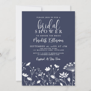 Wildflower Navy Blue Bridal Shower Invitation