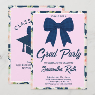 Wildflower Navy Blue Gingham Bow Graduation Party Invitation