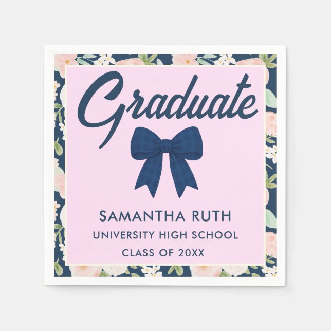 Wildflower Navy Blue Gingham Bow Graduation Party Napkin (Front)
