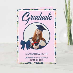 Wildflower Navy Blue Gingham Bow Photo Graduation  Card