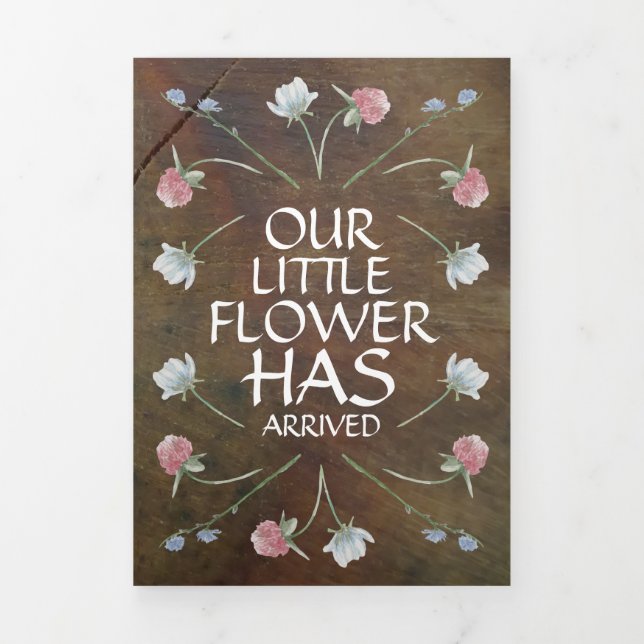 Wildflower Oak Wood, 3 Photo Collage Baby Birth Tri-Fold Announcement (Cover)
