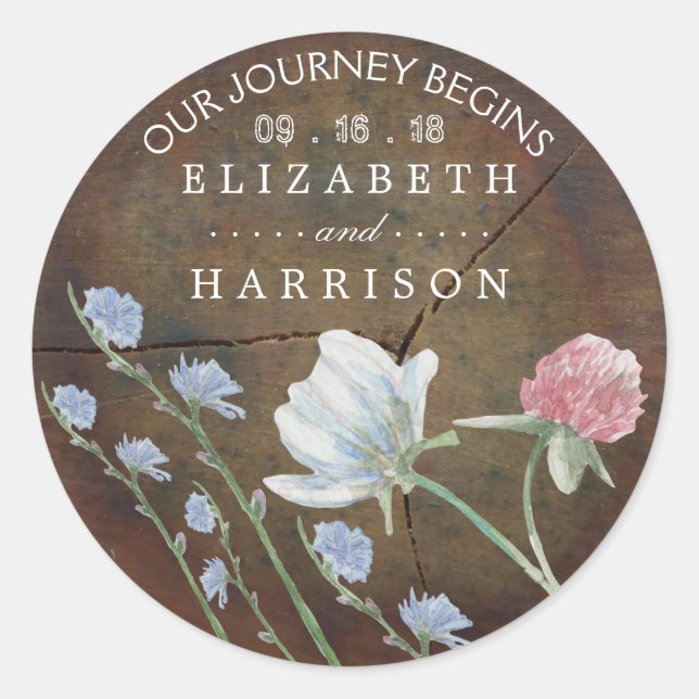 Wildflower Oak Wood Wedding Favour Classic Round Sticker (Front)