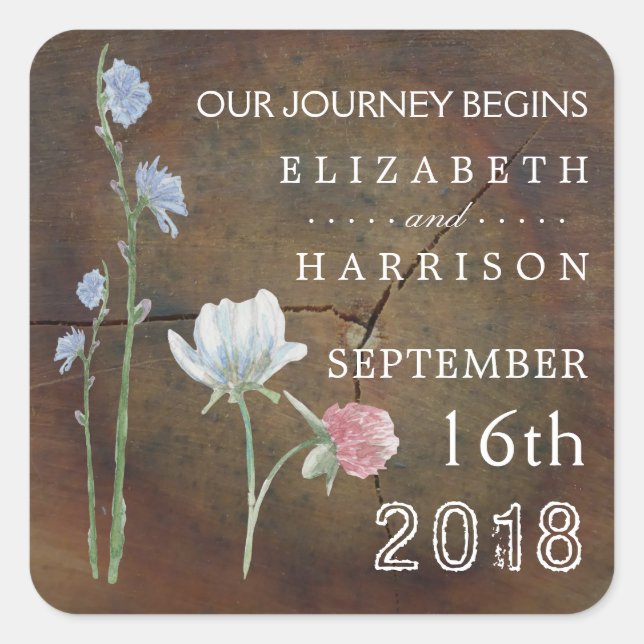 Wildflower Oak Wood Wedding Favour Square Sticker (Front)