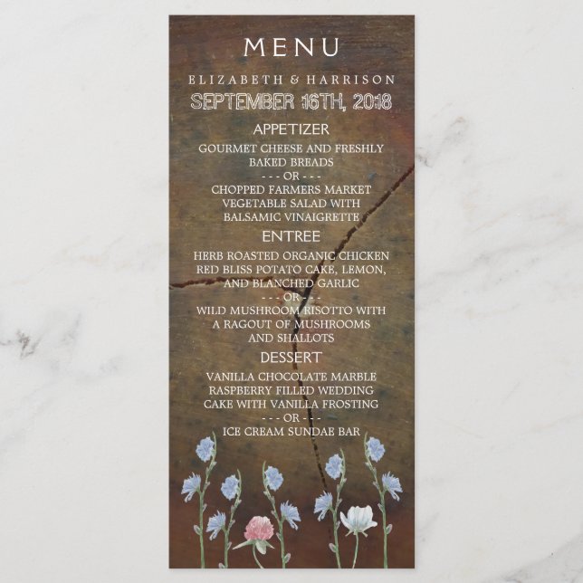 Wildflower Oak Wood Wedding Menu (Front)