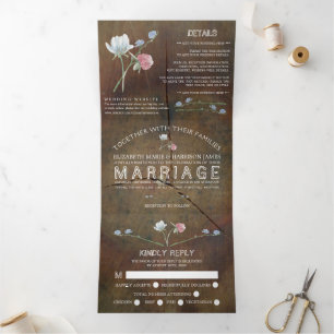 Wildflower Oak Wood Wedding Suite Tri-Fold Invitation