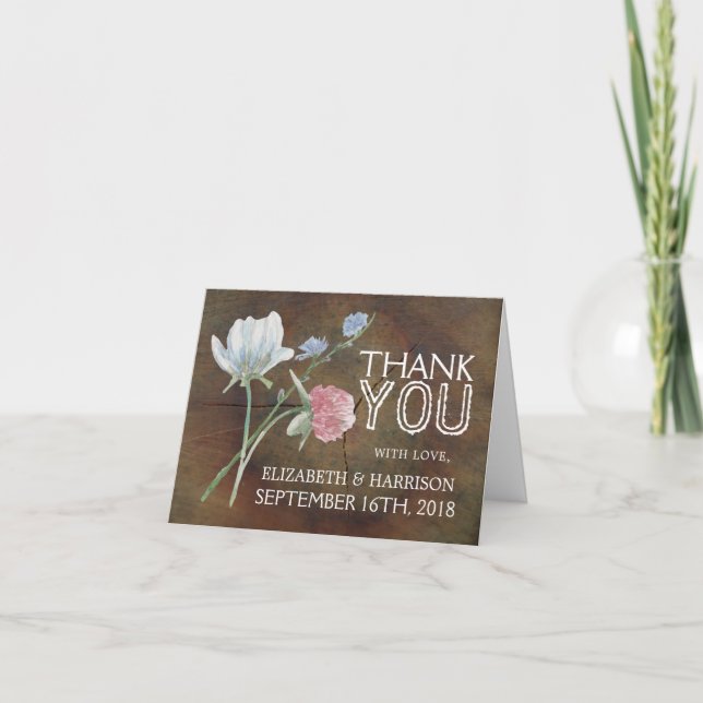 Wildflower Oak Wood Wedding Thank You (Front)