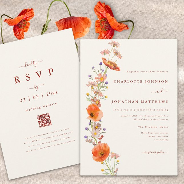 Wildflower Orange Brown Floral Wedding QR Code Invitation (Elegant boho wildflower fall wedding invitation with qr code and burnt orange script )