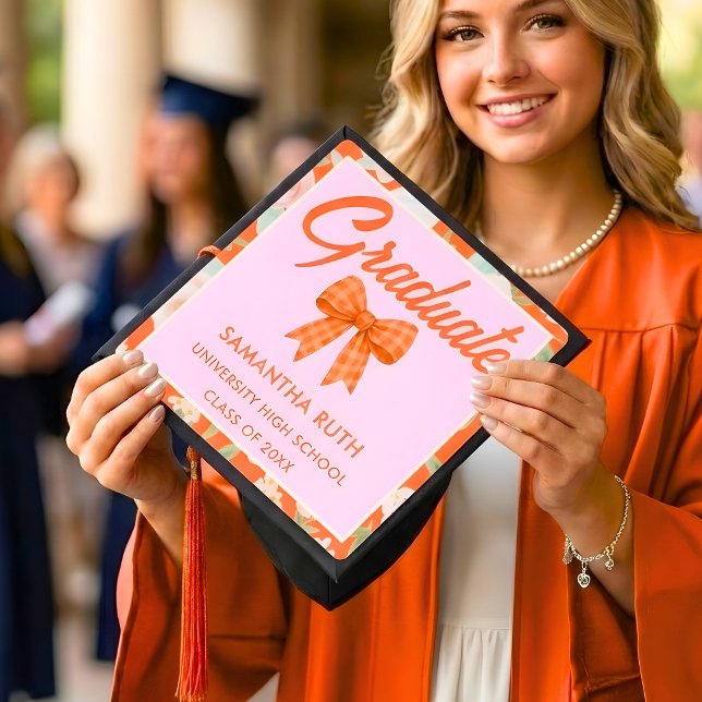 Wildflower Orange Gingham Bow Graduation Cap Topper (Creator Uploaded)