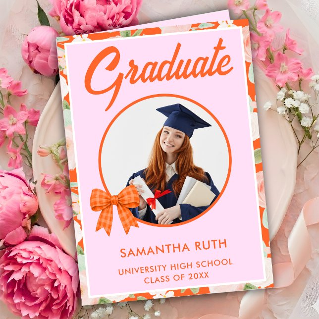 Wildflower Orange Gingham Bow Photo Graduation  Card (Creator Uploaded)