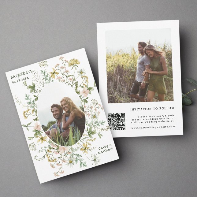 Wildflower Oval Frame 2 Photo Wedding QR Code Save The Date (Creator Uploaded)