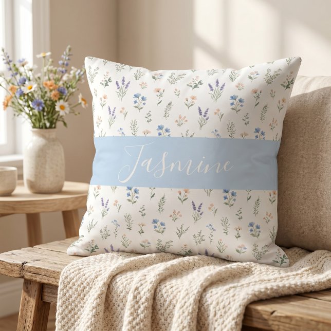 Wildflower Pattern Custom Monogram Name Blue  Throw Pillow (Creator Uploaded)