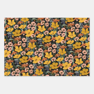 Wildflower Pattern Dark Black and Yellow Wrapping Paper Sheet