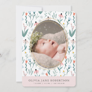 Wildflower Pattern Girl Photo Birth Announcement