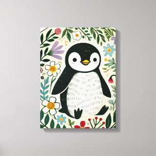 Wildflower Penguin Lovers Illustration             Canvas Print