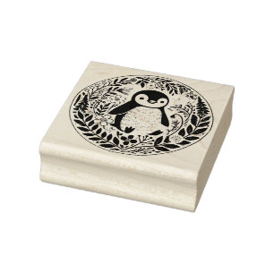 Wildflower Penguin Lovers Illustration             Rubber Stamp