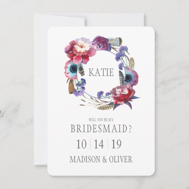 Wildflower Peony Floral with Feathers | Bridesmaid Invitation (Front)
