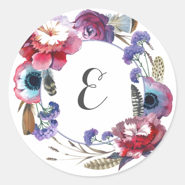 Wildflower Peony Floral with Feathers | Monogram Classic Round Sticker (Front)