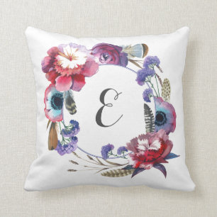 Wildflower Peony Floral with Feathers   Monogram Throw Pillow