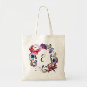 Wildflower Peony Floral with Feathers   Monogram Tote Bag