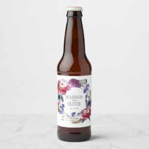 Wildflower Peony Floral with Feathers   Wedding Beer Bottle Label