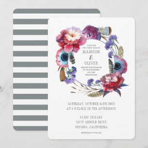 Wildflower Peony Floral with Feathers   Wedding Invitation