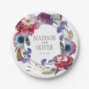Wildflower Peony Floral with Feathers Wedding Paper Plate