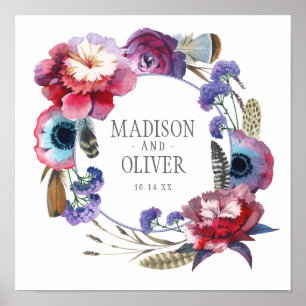 Wildflower Peony Floral with Feathers   Wedding Poster