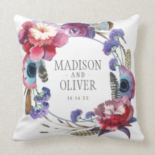 Wildflower Peony Floral with Feathers Wedding Throw Pillow