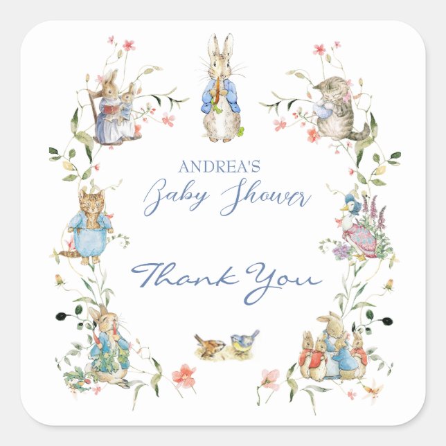 Wildflower Peter the Rabbit Baby Shower Square Sticker (Front)