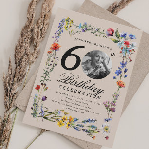 Wildflower Photo 60th Birthday Party Champagne Invitation