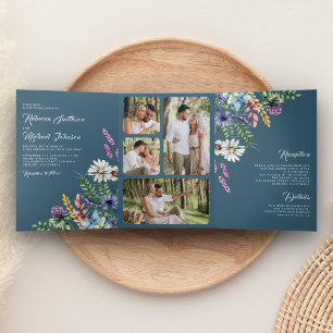 Wildflower Photo All in One Dusty Blue Wedding Tri-Fold Invitation