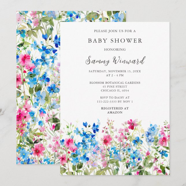 Wildflower Pink and Blue Floral Baby Shower Invitation (Front/Back)