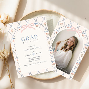 Wildflower Pink Bow Arch Photo Grad Party Invitation