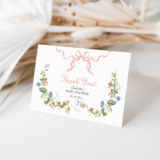 Wildflower Pink Bow Folded Thank You Card (Creator Uploaded)