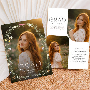 Wildflower Pink Bow Grad Party Photo Invitation