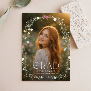 Wildflower Pink Bow Grad Party Photo Invitation Postcard