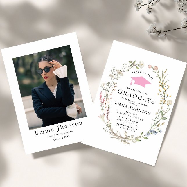 Wildflower Pink Bow Graduation Party Invitation (Creator Uploaded)