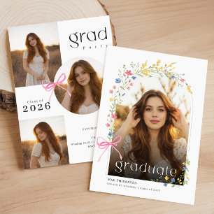 Wildflower Pink Bow Graduation Party Photo Collage Invitation