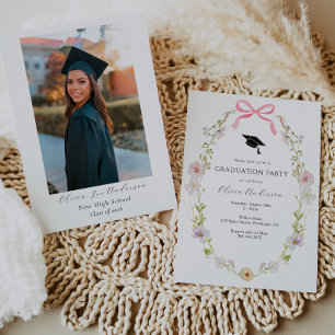 Wildflower Pink Bow Graduation Photo Party Invitation