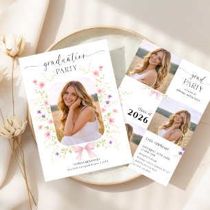 Wildflower Pink Bow Photo Collage Graduation Invitation