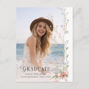 Wildflower Pink Bow Photo Graduation Announcement Postcard