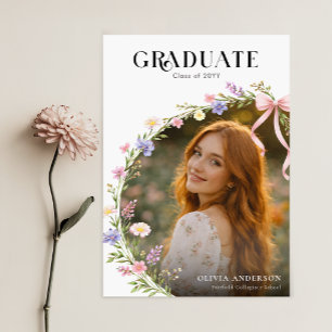 Wildflower Pink Bow Photo Graduation Announcement Postcard