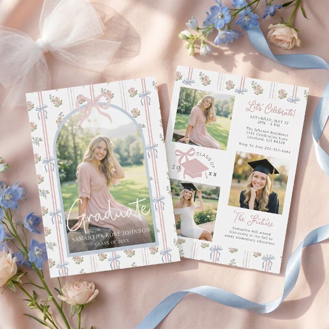 Wildflower Pink Bow Photo Graduation Party Invitation (Creator Uploaded)