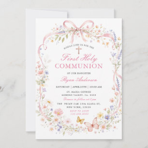 Wildflower Pink Butterfly First Holy Communion Invitation